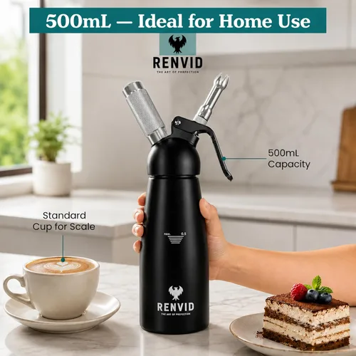 Miniatura 6 de Dispensador profesional de crema batida, recipiente de aluminio de 16.9 fl oz con 2 juegos de puntas de acero inoxidable y plástico, cepillo de Negro