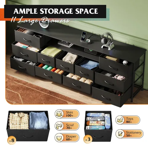 Miniatura 5 de WLIVE Soporte de TV de 75.5 pulgadas para TV de 65, 75, 80, 85 pulgadas, cómoda para dormitorio con tomas de corriente y luces LED, cómoda de tela