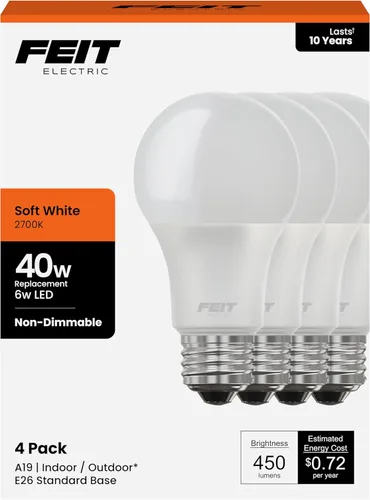 Feit Electric Bombillas LED A19, equivalente a 40 W, no regulables, 450 lúmenes, base estándar E26, blanco suave de 2700 K, 80 CRI, vida útil de 10