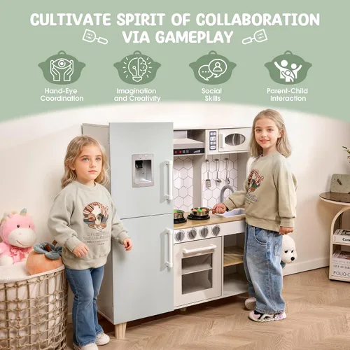 Miniatura 7 de Play Kitchen - Juego de cocina de juguete de madera para niños con luces y sonidos simulados, cocina de madera Montessori con fregadero, estufa