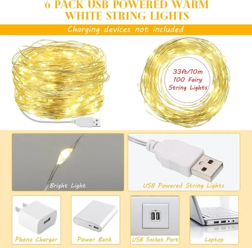 Miniatura 2 de Macarrie 6 piezas de luces de cadena USB de 33 pies con 100 LED, luces de hadas alimentadas por USB para decoración de Navidad, interior, exterior