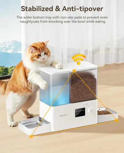 Miniatura 7 de Rojeco Comedero automático para gatos de 36 tazas/8.5L con WiFi y dispensador de agua por gravedad, tazones de acero inoxidable 2 en 1 de gran Blanco
