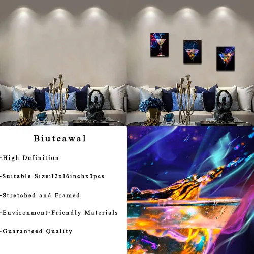 Miniatura 6 de Biuteawal - 3 piezas de arte de pared colorido vino espumoso, pintura sobre lienzo, bebidas de vino, impresión artística para decoración de fiestas