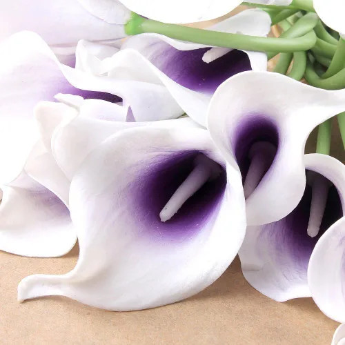 Ramo de boda nupcial de lirio de cala, cabeza de látex, ramo de flores de tacto real (morado)
