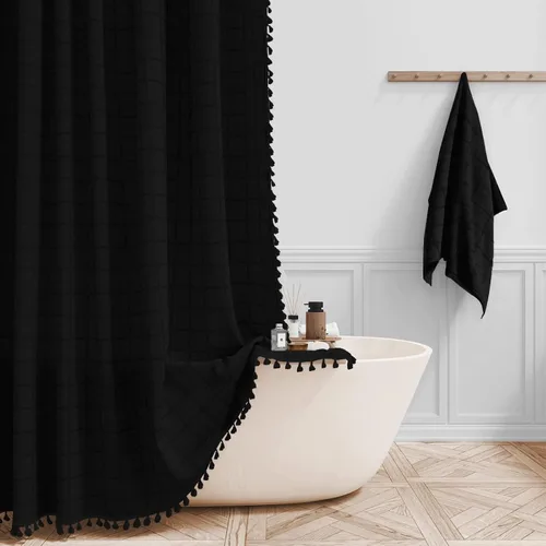 Miniatura 46 de BTTN Juego de cortinas de ducha estilo bohemio de granja con borlas, tela rústica de lino resistente, repelente al agua, cortinas de ducha gruesas A