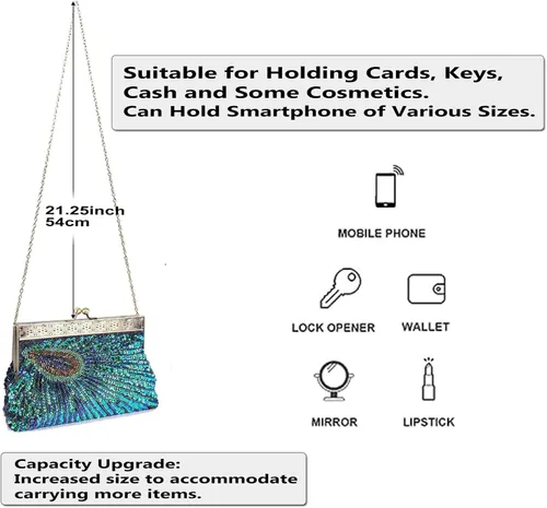 Miniatura 3 de Bolso de noche grande con cuentas y lentejuelas, estilo vintage, bolso de mano para fiesta de boda, bolso de mano para mujer (azul pavo real), Azul