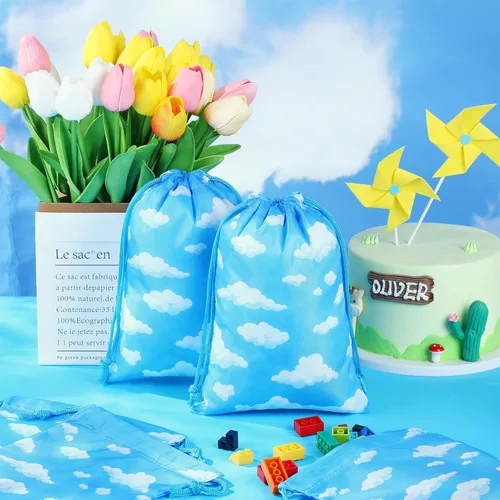 Miniatura 5 de Capoda 16 bolsas de regalo de fiesta de cielo azul, nubes blancas, pequeñas bolsas con cordón, bolsas de regalo temáticas de cielo azul, con cuerda