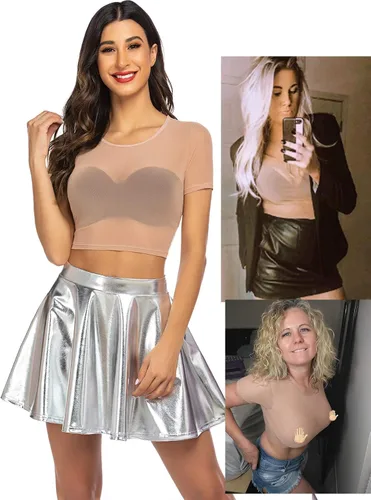 Miniatura 2 de Avidlove Camiseta corta de malla para mujer manga corta ajustada transparente cuello redondo ropa de club Blanco