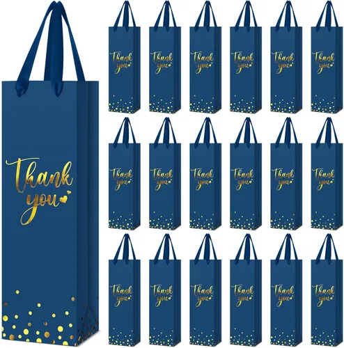 Ctosree 30 bolsas de regalo para botellas de vino con asa de 4.3 x 3.5 x 13.7 pulgadas, bolsa de papel de licor para agradecimiento, papel de azul