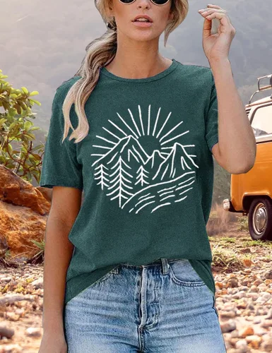 Miniatura 17 de Camisetas sin mangas de senderismo y montaña para mujer, divertidas camisetas de entrenamiento con gráficos de pino y amanecer, camisetas de verano