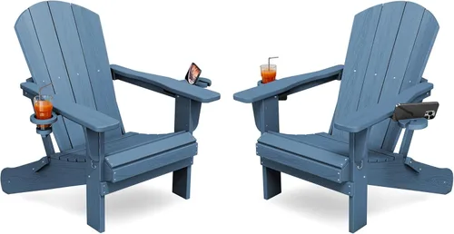 Miniatura 20 de KINGYES Silla plegable Adirondack con portavasos dobles - Sillas de exterior de HDPE para todo clima, silla de patio tipo madera para el patio Negro