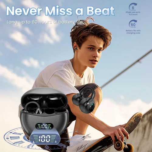 Miniatura 2 de Auriculares inalámbricos Bluetooth 5.4 con clip, con micrófono, reproducción de 60 horas, cancelación de ruido, impermeables, deportivos, cómodos