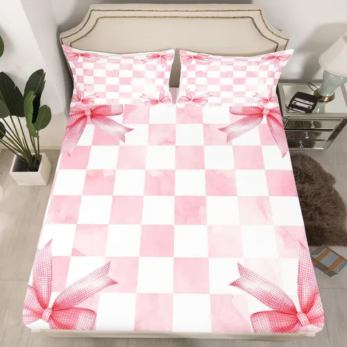 Miniatura 11 de Sábana bajera con lazo azul tamaño individual, juego de ropa de cama de princesa con cerezas, estrellas y flores margaritas de dibujos animados