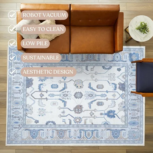 Miniatura 5 de Fame Living Alfombra Oushak Crema Azul, Alfombras Pequeñas Modernas, Vintage, Turca, Ecléctica, Floral, Pastel, Lavable, Tapete para Puerta, Felpudo