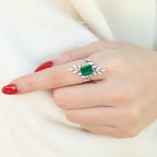 Miniatura 4 de MayaRuth Anillo cruzado único de plata de ley 925 con piedras preciosas de esmeralda creadas y simuladas, hoja de plumas de cóctel, vintage, largo