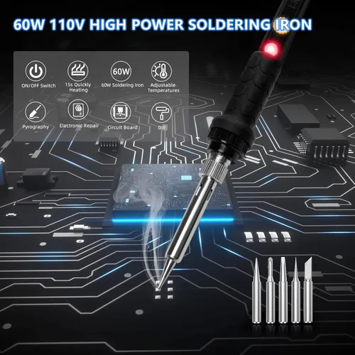 Miniatura 2 de Kit de soldador de 60 W y 110 V, temperatura ajustable, con puntas de hierro, soporte, esponja, alambre para soldar 60W 9-en-1