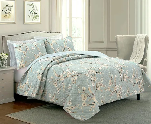 Juego de cama de 3 piezas de edredón de algodón tamaño king, crema, flores de cerezo, floral, cian, azul, verde, ligero, reversible, cubrecama para