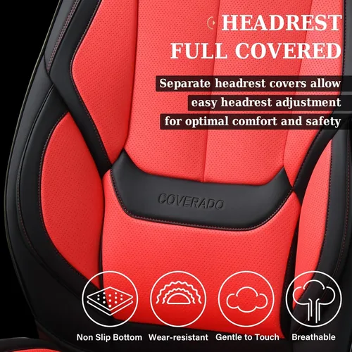 Miniatura 8 de Coverado - Juego completo de fundas para asientos de automóvil, protectores de asiento impermeables de piel Nappa 8805 - Negro y rojo, juego