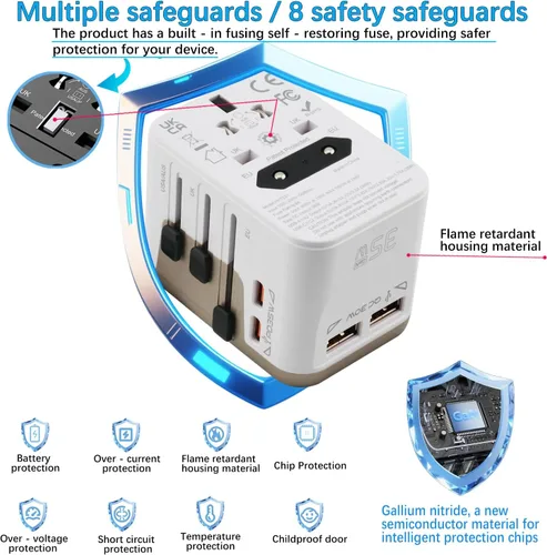 Miniatura 6 de Adaptador de viaje universal con 4 puertos (2 USB-C y 2 USB-A) Adaptador de corriente todo en uno de carga rápida de 35 W en todo el mundo para EE.