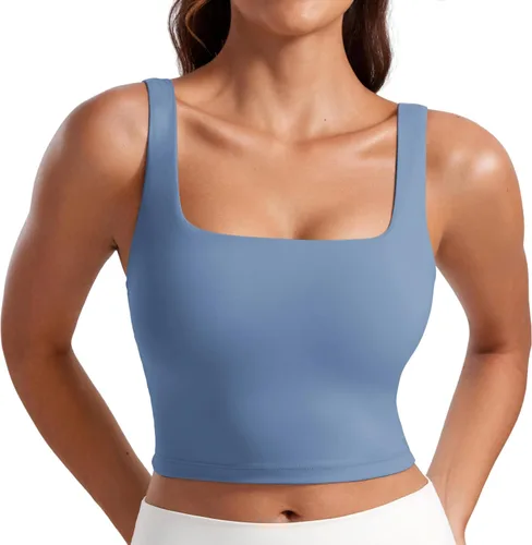Miniatura 32 de CRZ YOGA Butterluxe Brasier deportivo de cuello cuadrado para mujer, estilo camiseta corta sin mangas, acolchado con soporte integrado para yoga