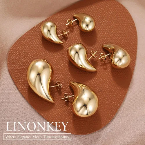 Miniatura 7 de LINONKEY Juego de 3 pares de aretes de oro con forma de lágrima para mujer, grandes, medianos, pequeños, gruesos, hipoalergénicos, chapados en oro