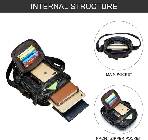 Miniatura 4 de BAIGIO Bolso de hombro de cuero genuino para hombre, maletín de mensajero, bolso de mano cruzado, bolso de viaje