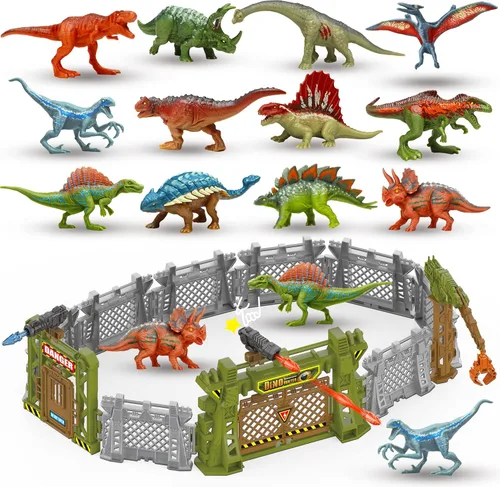 Miniatura 9 de Oriate 12 piezas Mini Figuras de Dinosaurios para Niños de 3-5 y 5-7 años, juego de captura y escape del mundo de los dinosaurios, incluye 6 vallas