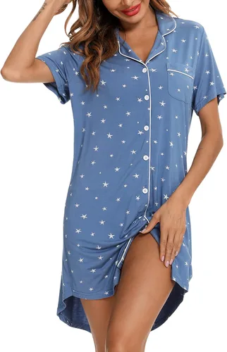 Miniatura 94 de Samring Camisón de pijama para mujer, manga corta/larga, con botones, camisón para dormir, camisón para novio, talla XXL