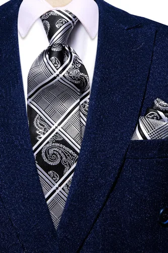 Miniatura 331 de Hi-Tie Corbata clásica de cachemira para hombre con pañuelo y gemelos a cuadros