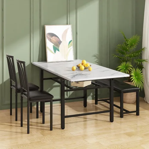 Miniatura 4 de AWQM Mesa de comedor de 4 piezas de mármol sintético con estante de almacenamiento, juego de mesa de rincón de desayuno que ahorra espacio con 2