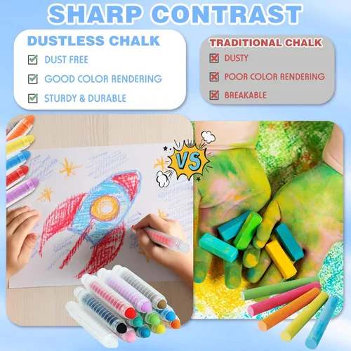 Miniatura 3 de Tiza sin polvo para niños, 12 tizas de color no tóxicas para acera con soporte, para el regreso a clases, sin polvo, lavable, tiza para niños
