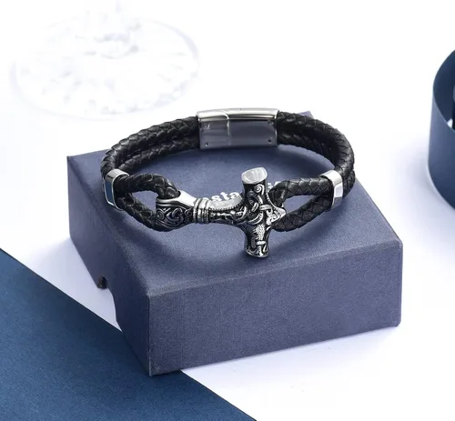 Miniatura 3 de constantlife Viking Thor's Hammer - Pulsera de cremación para cenizas para hombres, pulsera de cuero trenzado, brazalete conmemorativo de urna