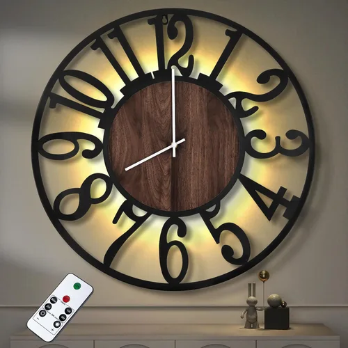 Miniatura 14 de LEIKE Relojes de pared a pilas con control remoto, luz nocturna, silencioso, sin tictac, reloj de madera grande rústico moderno para sala de estar