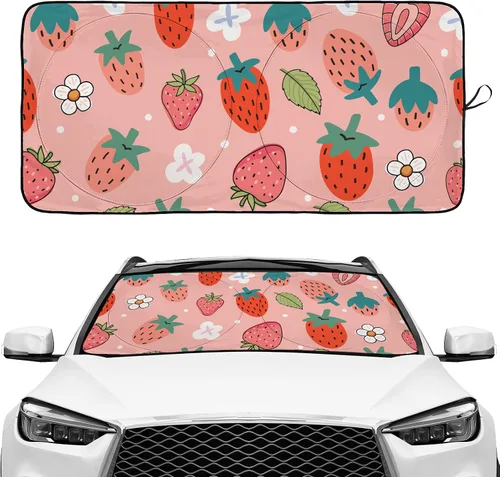 Parasol para parabrisas de coche, SUV, camión, plegable, con diseño de bayas rosadas, fresas, fresas, reflectores, rayos UV, para ventana delantera,