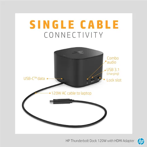 Miniatura 2 de HP Base Thunderbolt de 120 W con adaptador HDMI, estación de acoplamiento universal USB-C, un cable, múltiples conexiones, con una sola conexión
