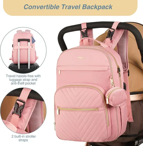 Miniatura 6 de MOMUVO Mochila para pañales, bolsa de bebé acolchada con cambiador, correas para cochecito y funda para chupete, bolsas de pañales de viaje grandes