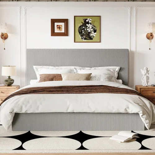 Miniatura 10 de Allewie Base de cama matrimonial, cama tapizada, cabecera capitoné de canal vertical ajustable, tela de pana, perfil bajo moderno, listones