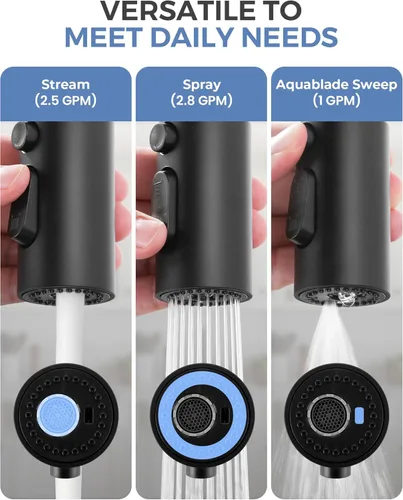 Miniatura 4 de Cabezal de Repuesto para Rociador de Grifo Extraíble, Cabezal de Rociador Extraíble Negro de 3 Funciones con 9 Adaptadores para Grifo de Fregadero