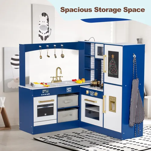 Miniatura 6 de BRINJOY Cocina de Juego de Esquina para Niños, Juego de Cocina de Madera para Niños Pequeños con Grifo, Fregadero, Microondas, Horno, Delantal, Azul