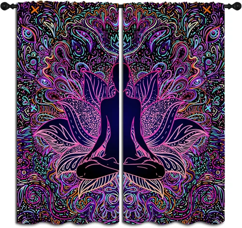 Miniatura 15 de Hermosas cortinas opacas con bolsillo para barra de mandala y elefante para dormitorio de niños y niñas, estilo tribal bohemio, hippie y bohemio