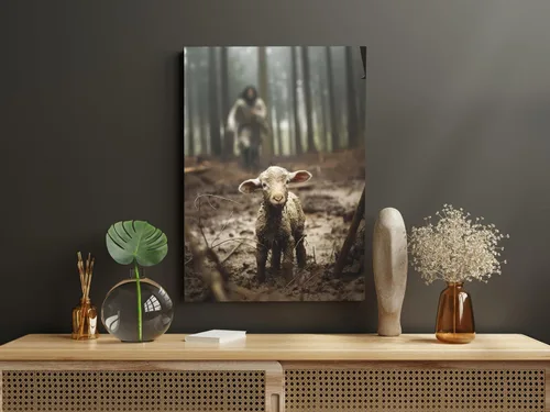 Fchen art Lienzo decorativo de Jesús Shepherd in Forest Finding Lost Ovejas Perdidas, decoración de pared cristiana inspiradora de Pascua, enmarcada