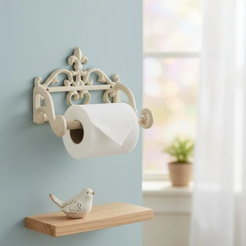 Miniatura 8 de Comfy Hour Soporte decorativo de papel higiénico de hierro fundido, organizador de rollos de papel victoriano blanco montado en la pared, acento