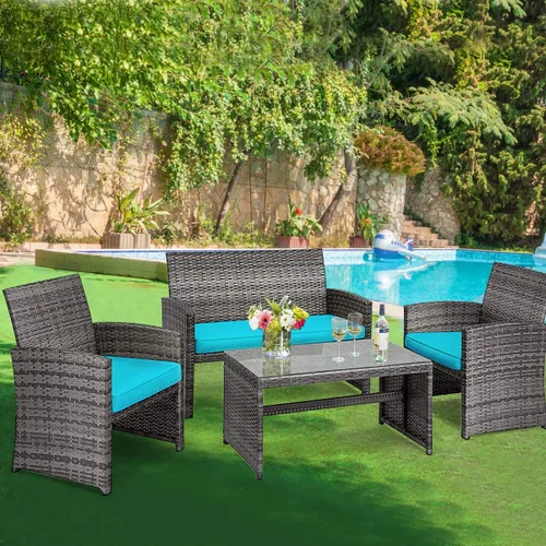 Miniatura 2 de Tangkula Juego de 4 piezas de mimbre para patio, sofás de ratán al aire libre con juego de mesa, juego de muebles de patio con cojines suaves y mesa