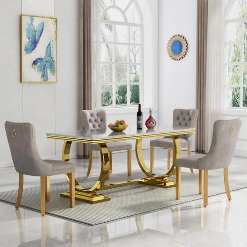 HomVent Juego de mesa de comedor moderno para 4, juego de mesa de comedor de mármol sintético, juego de mesa de cocina rectangular con 4 sillas para