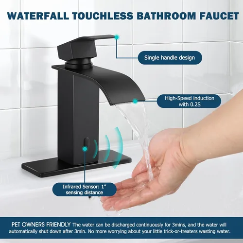 Miniatura 3 de Herogo - Grifo de lavabo de baño sin contacto, sensor automático, color negro mate, cascada de acero inoxidable, con drenaje desplegable de latón