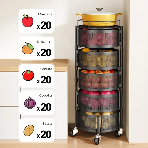 Miniatura 4 de SNTD Cesta de frutas y verduras para cocina con tapa superior de metal, carrito de almacenamiento giratorio de 5 niveles para papa, cebolla, pan