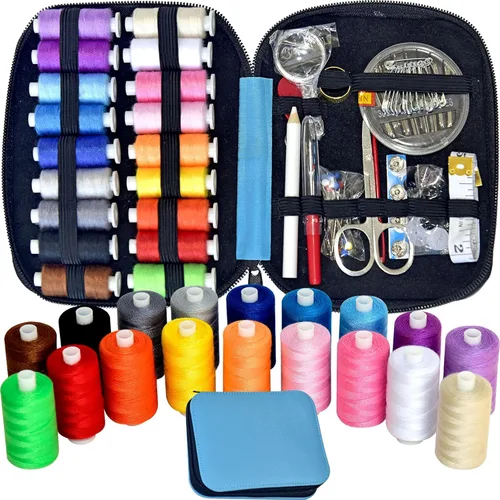 Miniatura 14 de Kit de costura con estuche, suministros de costura portátiles para el hogar, viajero, adultos, principiantes, emergencia, contiene 18 hilos
