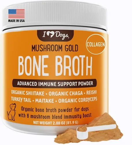 iHeartDogs Caldo de huesos y colágeno para perros, caldo de huesos y hongos en polvo dorado para apoyo del sistema inmunológico, movilidad y