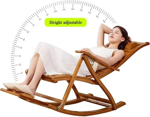 Miniatura 3 de Mecedora de bambú plegable de jardín para tumbonas de ancianos, silla de terraza con cojín, estable y ergonómica de madera, silla de jardín