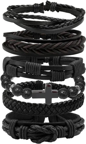 Miniatura 8 de MILAKOO 6 pulseras de cuero trenzado para hombres y mujeres de madera con cuentas de pulsera ajustable